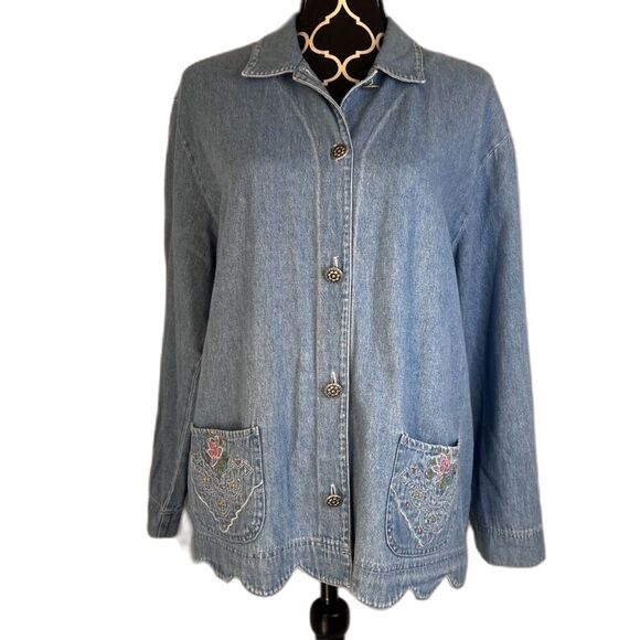 Vintage Southwestern Button Down Denim Blue Shirt Embroidered Pockets Sz LG/XL - Picture 7 of 9